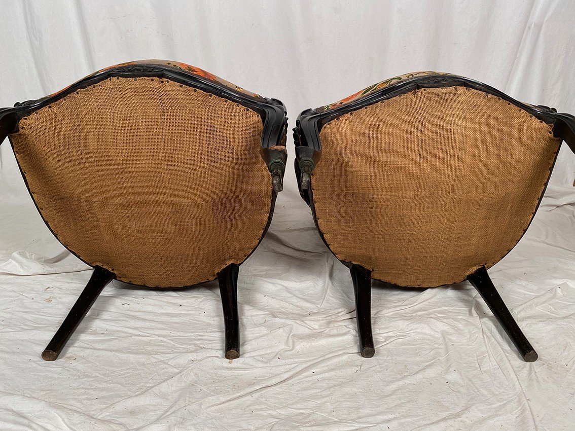 Pair Of Napoleon III Armchairs, In Blackened Wood, Upholstered In Floral Pattern Fabric-photo-8