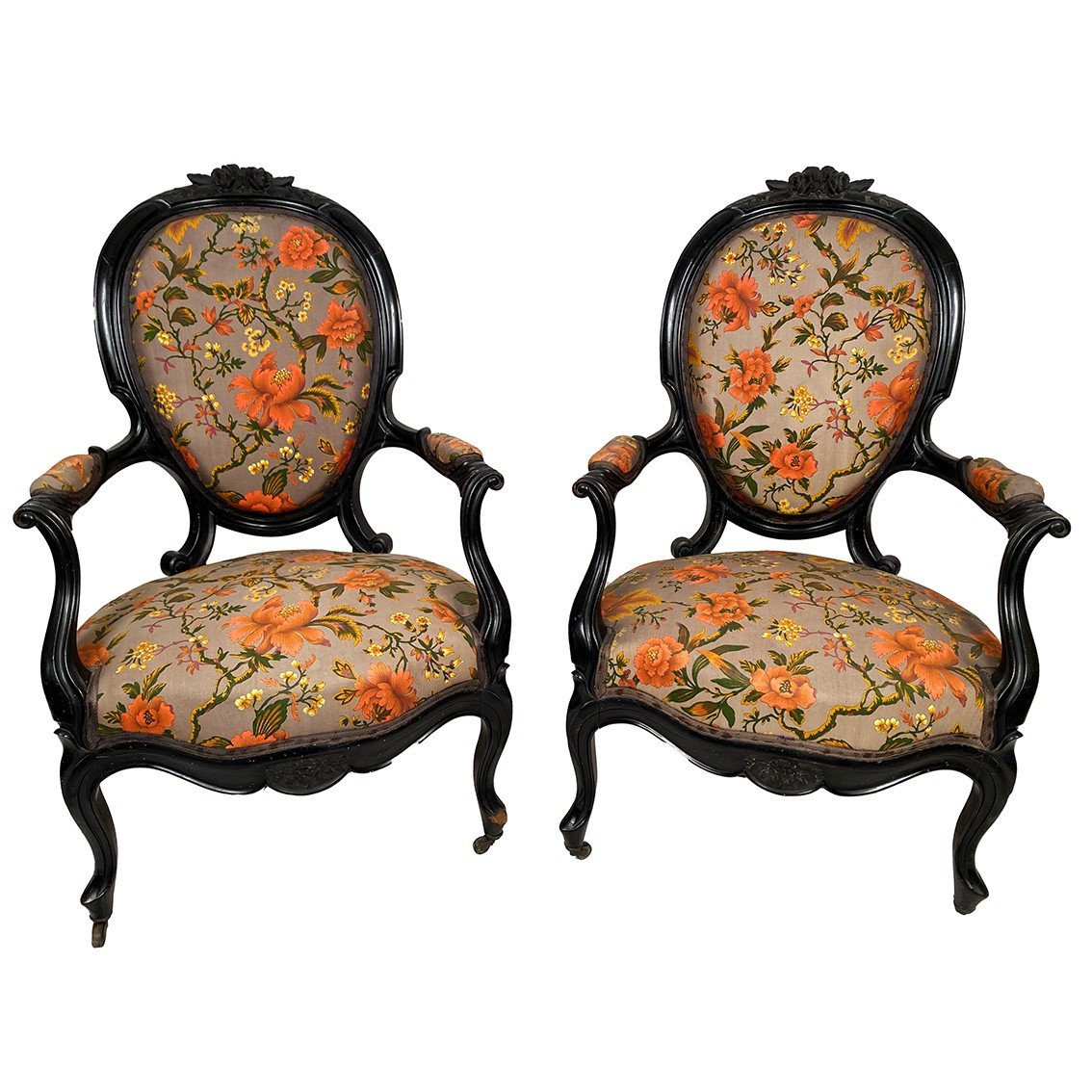 Pair Of Napoleon III Armchairs, In Blackened Wood, Upholstered In Floral Pattern Fabric