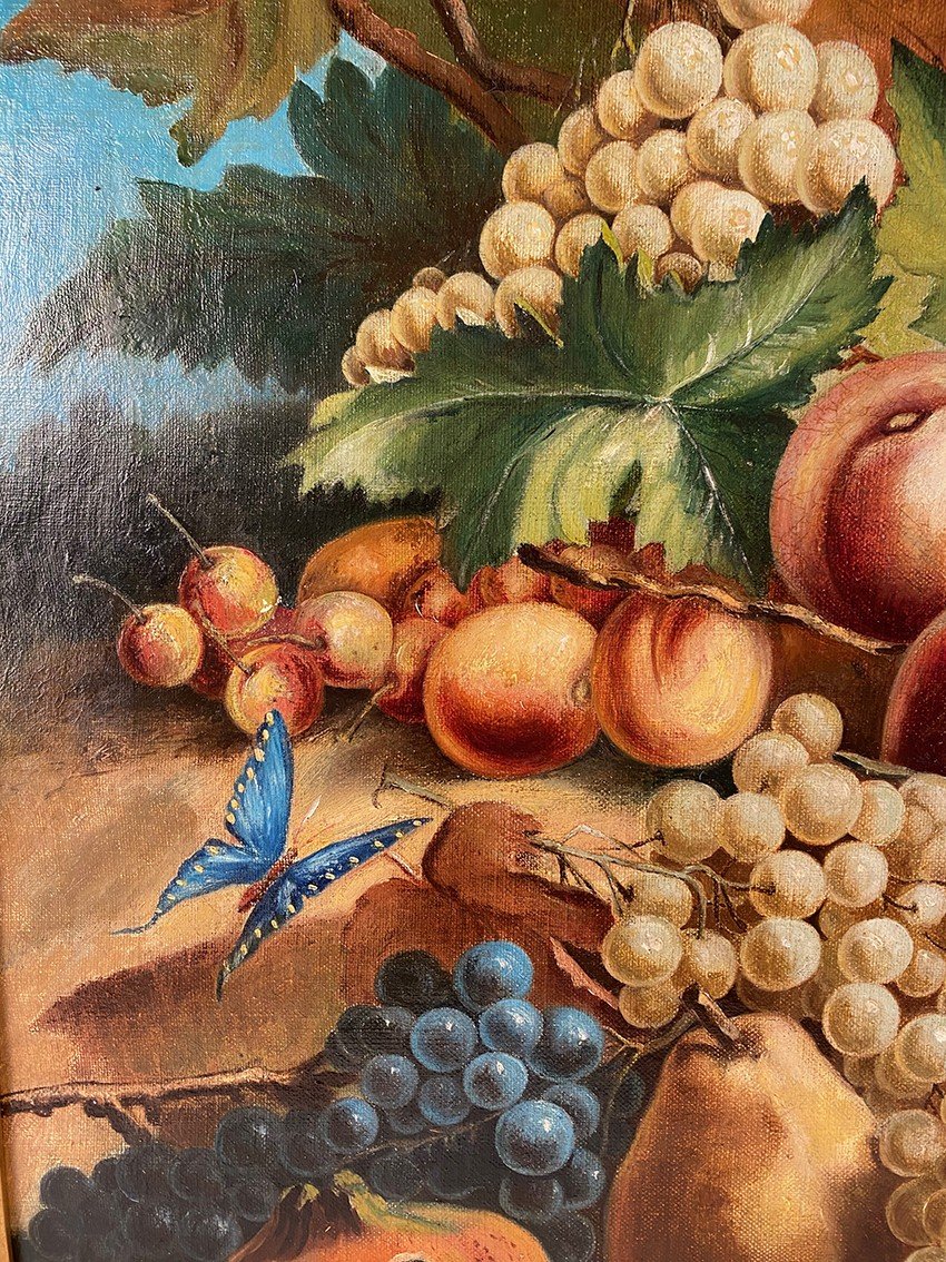 Pair Of Still Lifes With Flowers, Fruits, Butterflies And Birds, Framed Oils On Canvas-photo-4