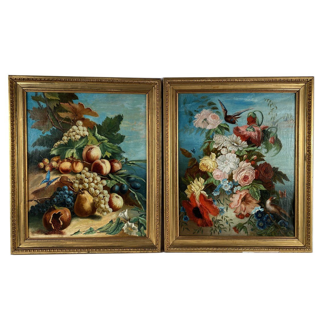 Pair Of Still Lifes With Flowers, Fruits, Butterflies And Birds, Framed Oils On Canvas