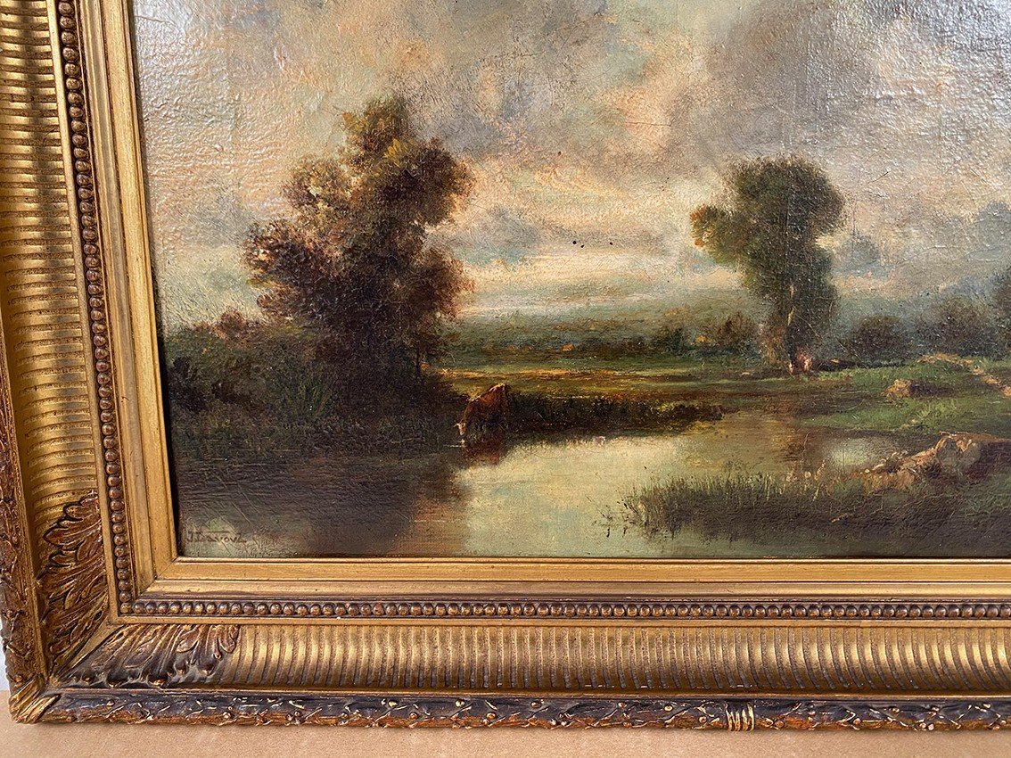 Oil On Canvas 19th Century, “cows On The River Bank”-photo-2