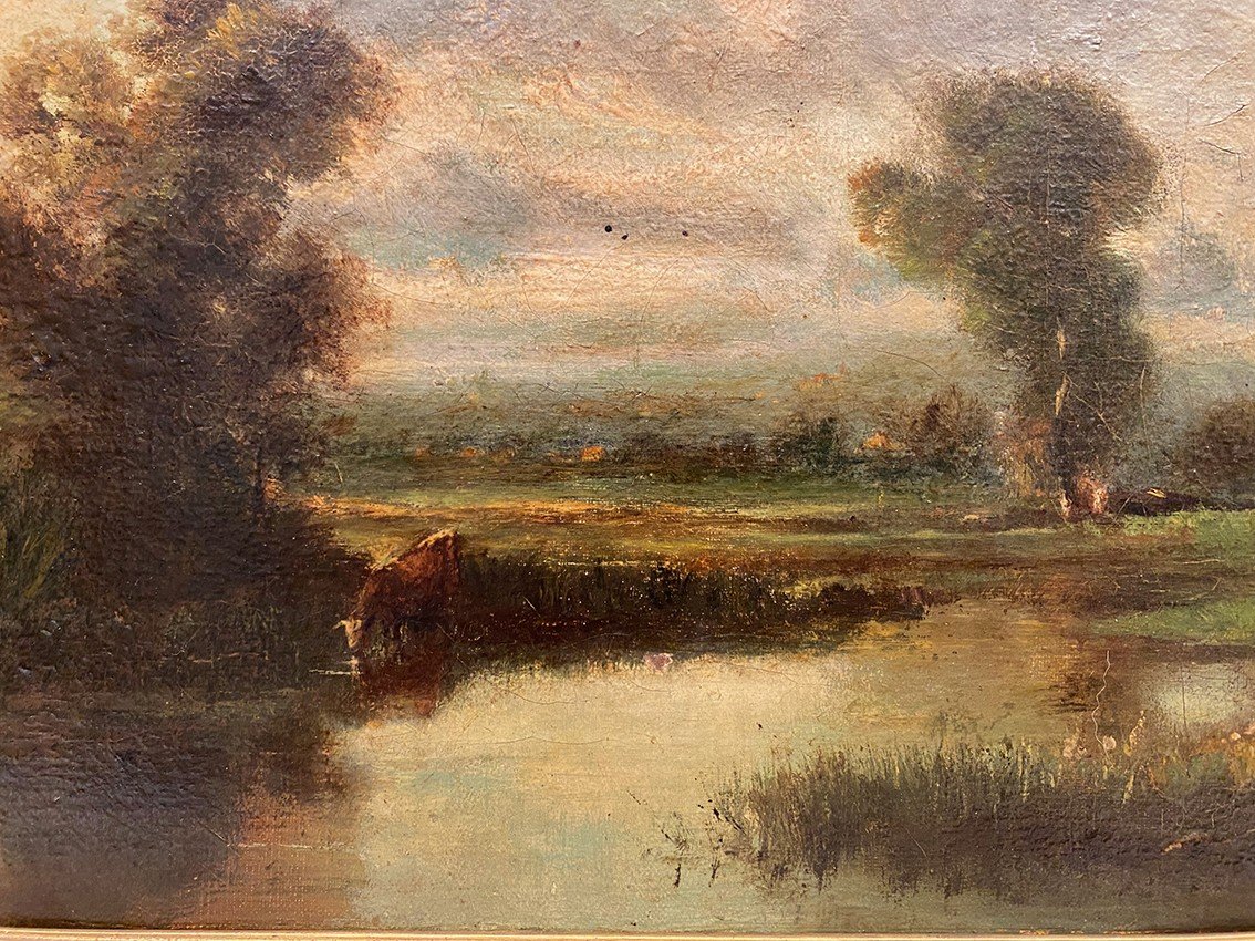 Oil On Canvas 19th Century, “cows On The River Bank”-photo-3