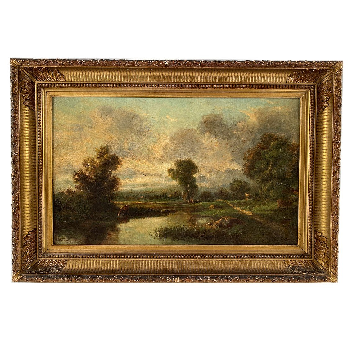 Oil On Canvas 19th Century, “cows On The River Bank”