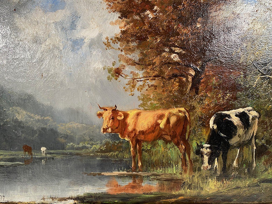 « Vaches à L’étang », Huile Sur Toile XIXe-photo-2