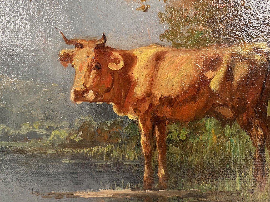 « Vaches à L’étang », Huile Sur Toile XIXe-photo-3