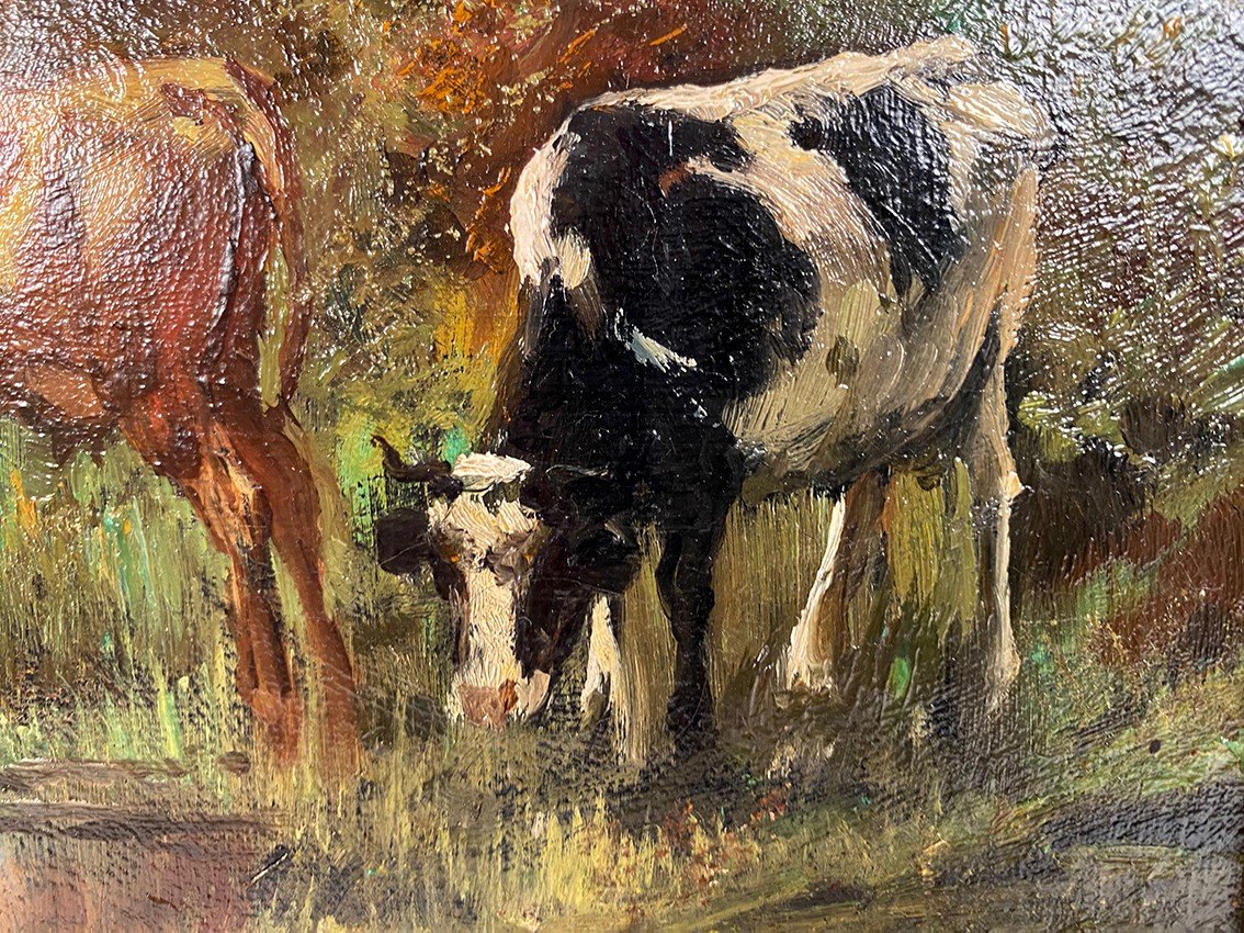 « Vaches à L’étang », Huile Sur Toile XIXe-photo-4