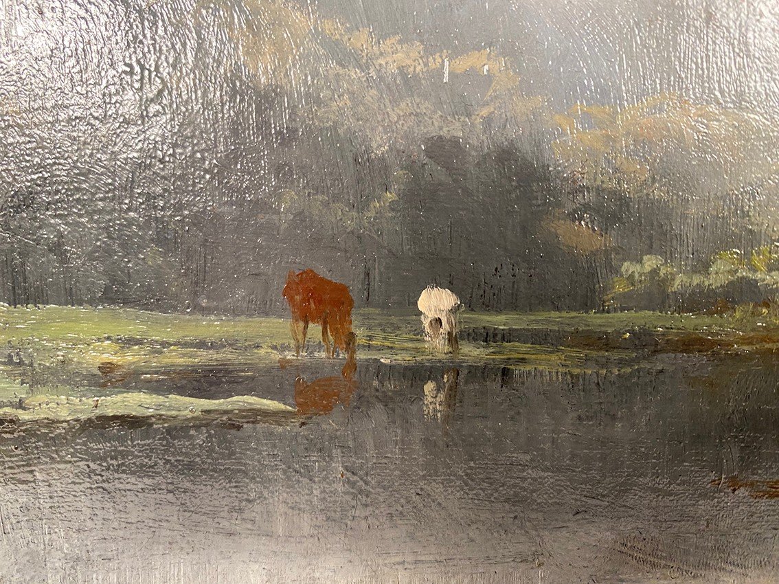 « Vaches à L’étang », Huile Sur Toile XIXe-photo-1