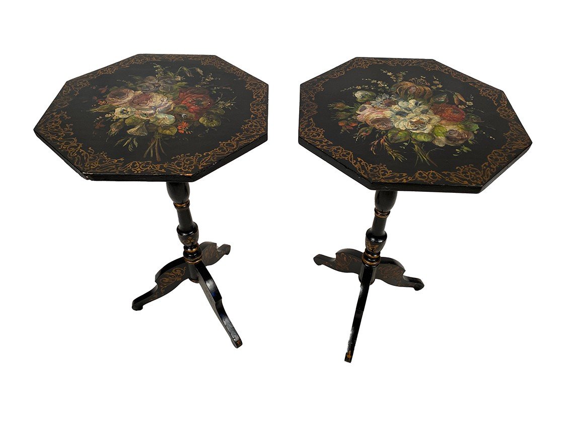 Pair Of Small Black Lacquered Wood Gueridons With Painted Flower And Mother-of-pearl Decorations, Napoleon III-photo-2