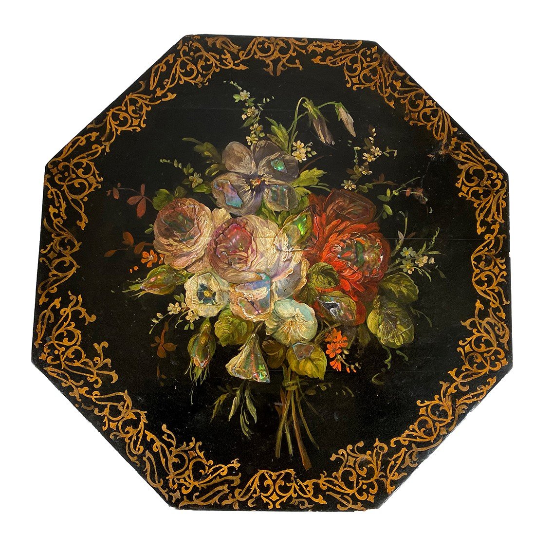 Pair Of Small Black Lacquered Wood Gueridons With Painted Flower And Mother-of-pearl Decorations, Napoleon III-photo-4