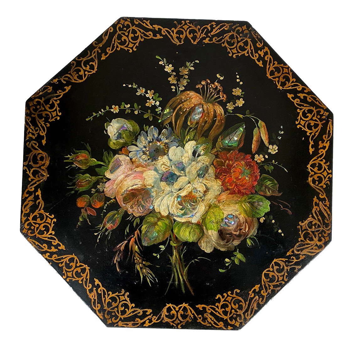 Pair Of Small Black Lacquered Wood Gueridons With Painted Flower And Mother-of-pearl Decorations, Napoleon III-photo-4