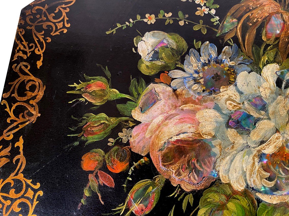 Pair Of Small Black Lacquered Wood Gueridons With Painted Flower And Mother-of-pearl Decorations, Napoleon III-photo-7