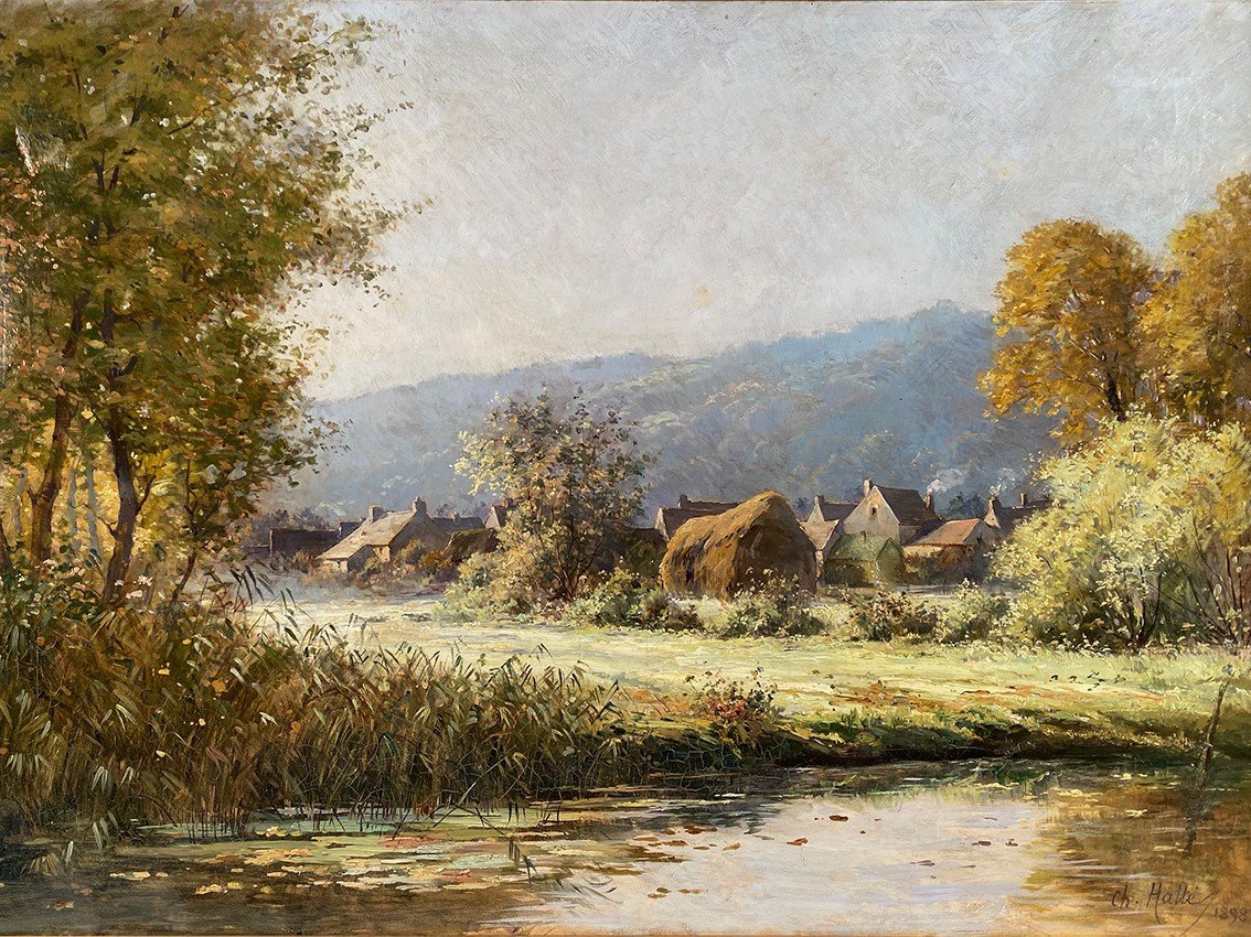 Charles Hallé (1867–1924), “landscape In The Early Morning”, Large Oil On Canvas Dated 1898