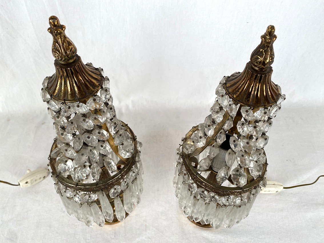 Pair Of Louis XVI Style Gilt Bronze And Glass Pendants Girandoles, 19th Century-photo-3