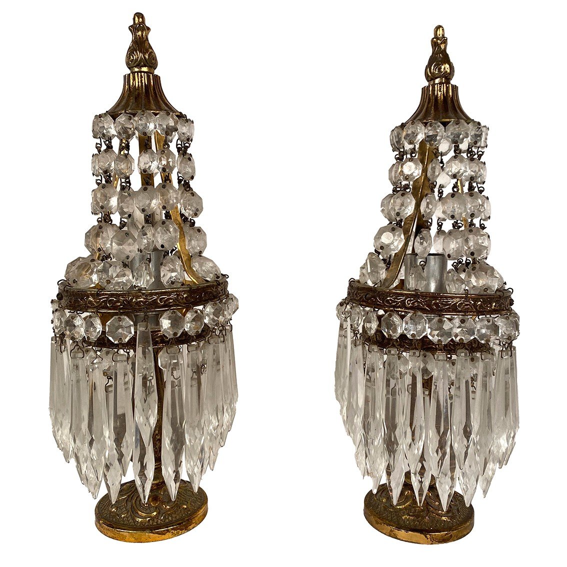 Pair Of Louis XVI Style Gilt Bronze And Glass Pendants Girandoles, 19th Century