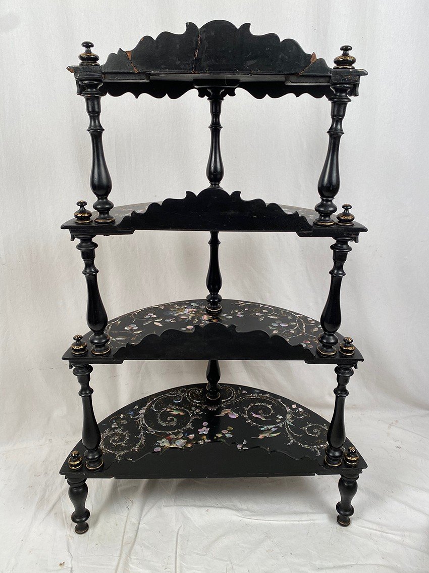 Rare And Beautiful Half-moon Shelf Napoleon III, Wood And Boiled Cardboard Burgauté-photo-7