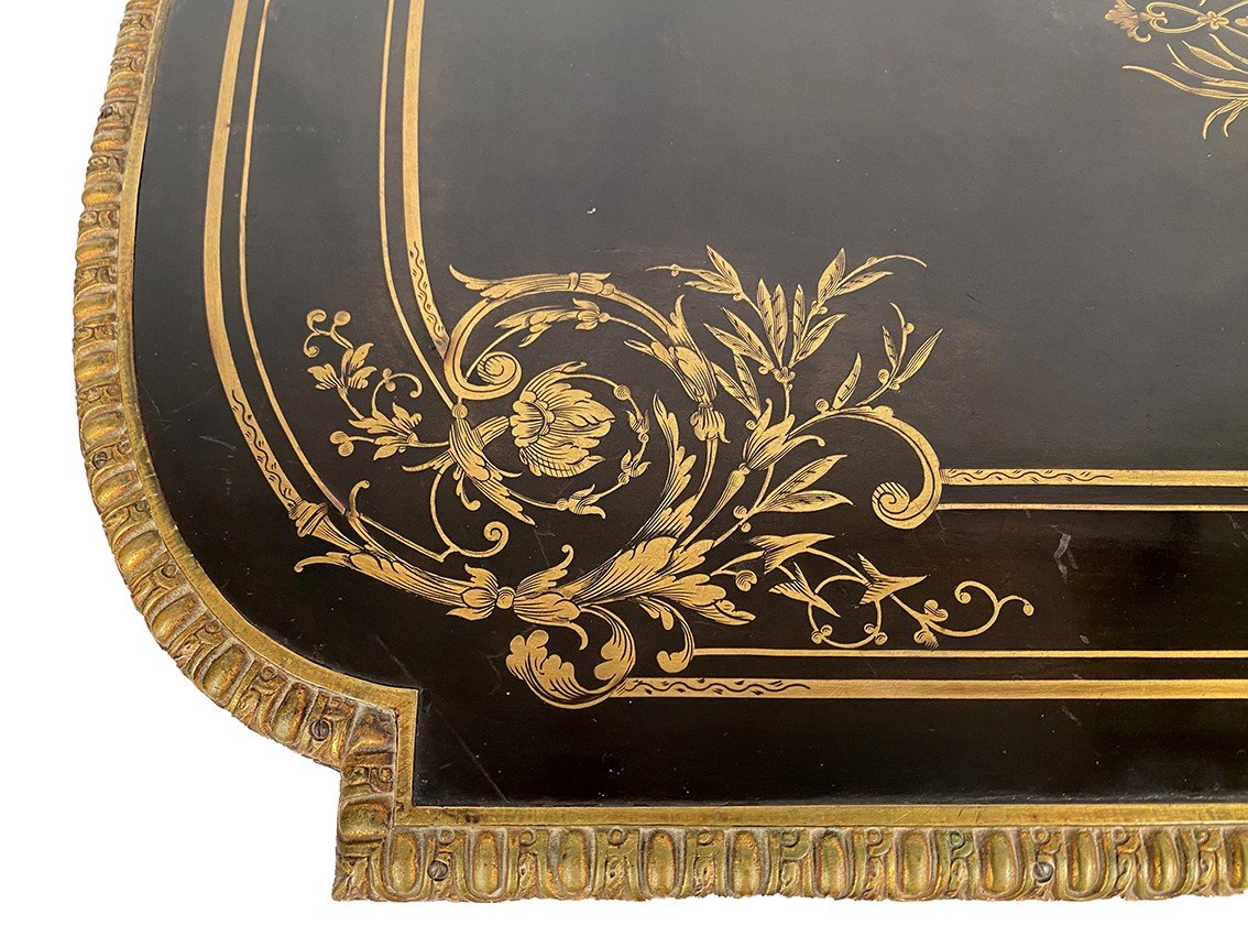 Table à Jeux En Bois Noirci Et Placage D’ébène Marqueté De Laiton, époque Napoléon III-photo-1