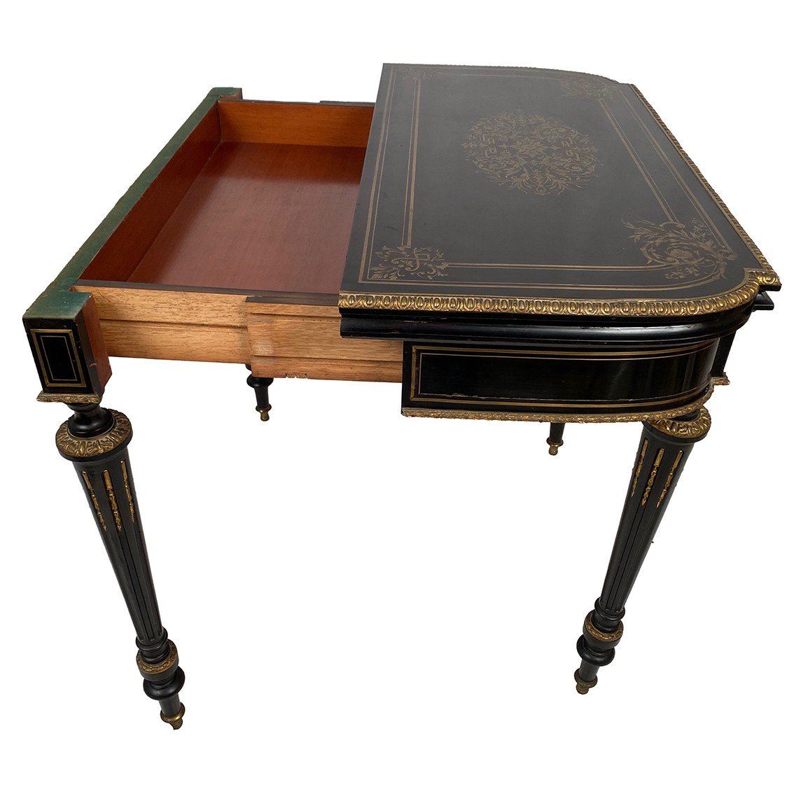 Table à Jeux En Bois Noirci Et Placage D’ébène Marqueté De Laiton, époque Napoléon III-photo-5