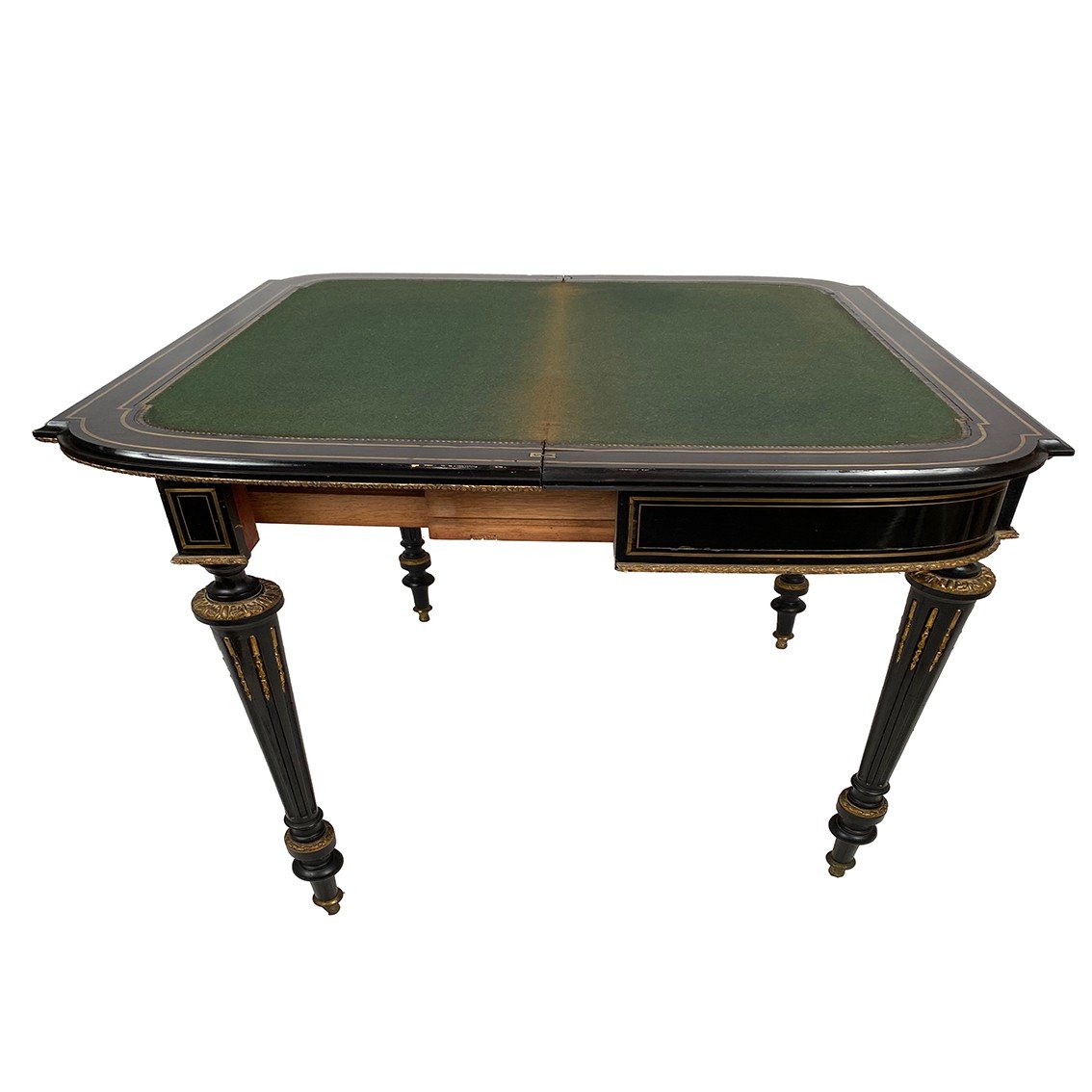 Table à Jeux En Bois Noirci Et Placage D’ébène Marqueté De Laiton, époque Napoléon III-photo-6