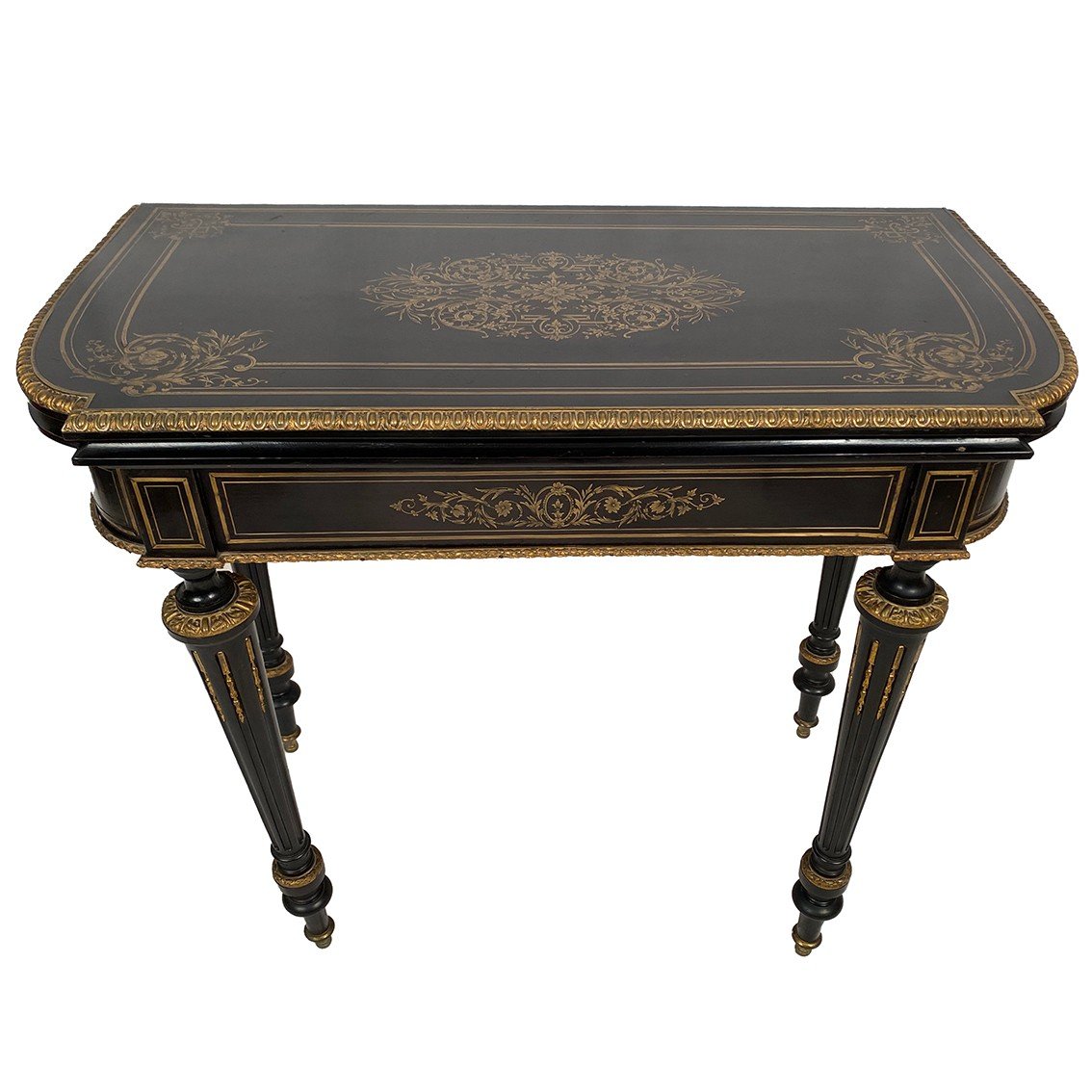 Table à Jeux En Bois Noirci Et Placage D’ébène Marqueté De Laiton, époque Napoléon III