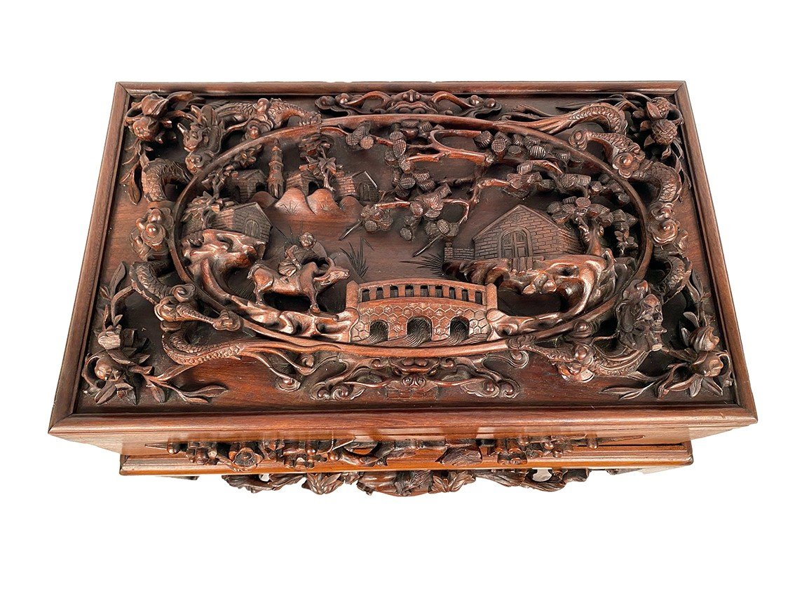 China Or Vietnam Circa 1900, Chest Richly Carved In High Relief On Its Base-photo-2