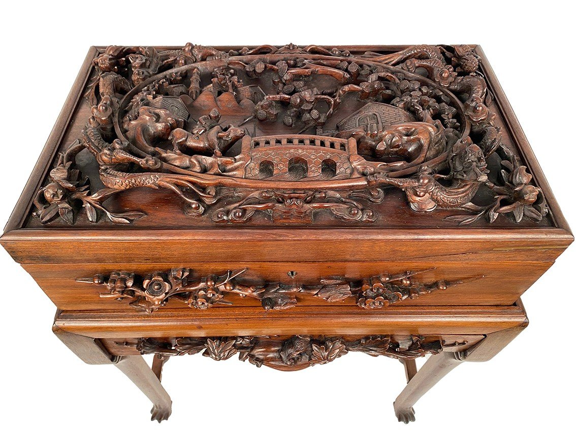 China Or Vietnam Circa 1900, Chest Richly Carved In High Relief On Its Base-photo-3