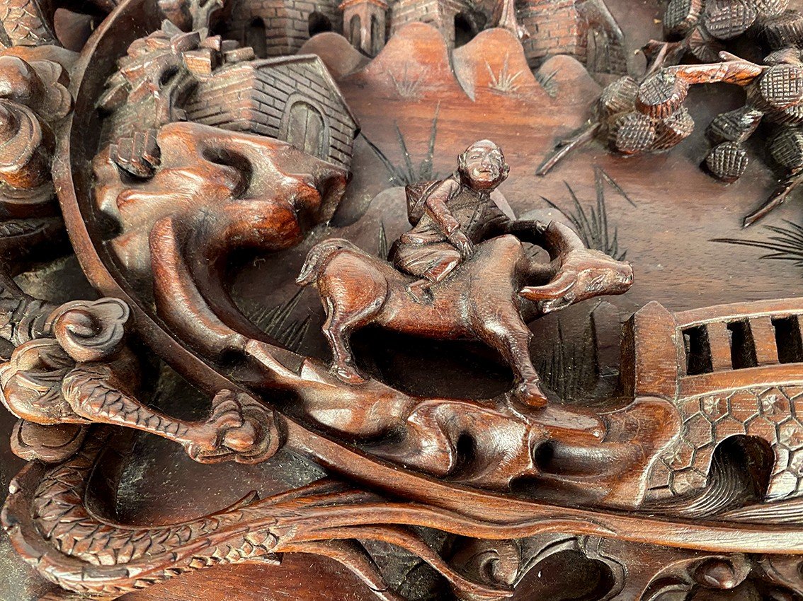 China Or Vietnam Circa 1900, Chest Richly Carved In High Relief On Its Base-photo-4