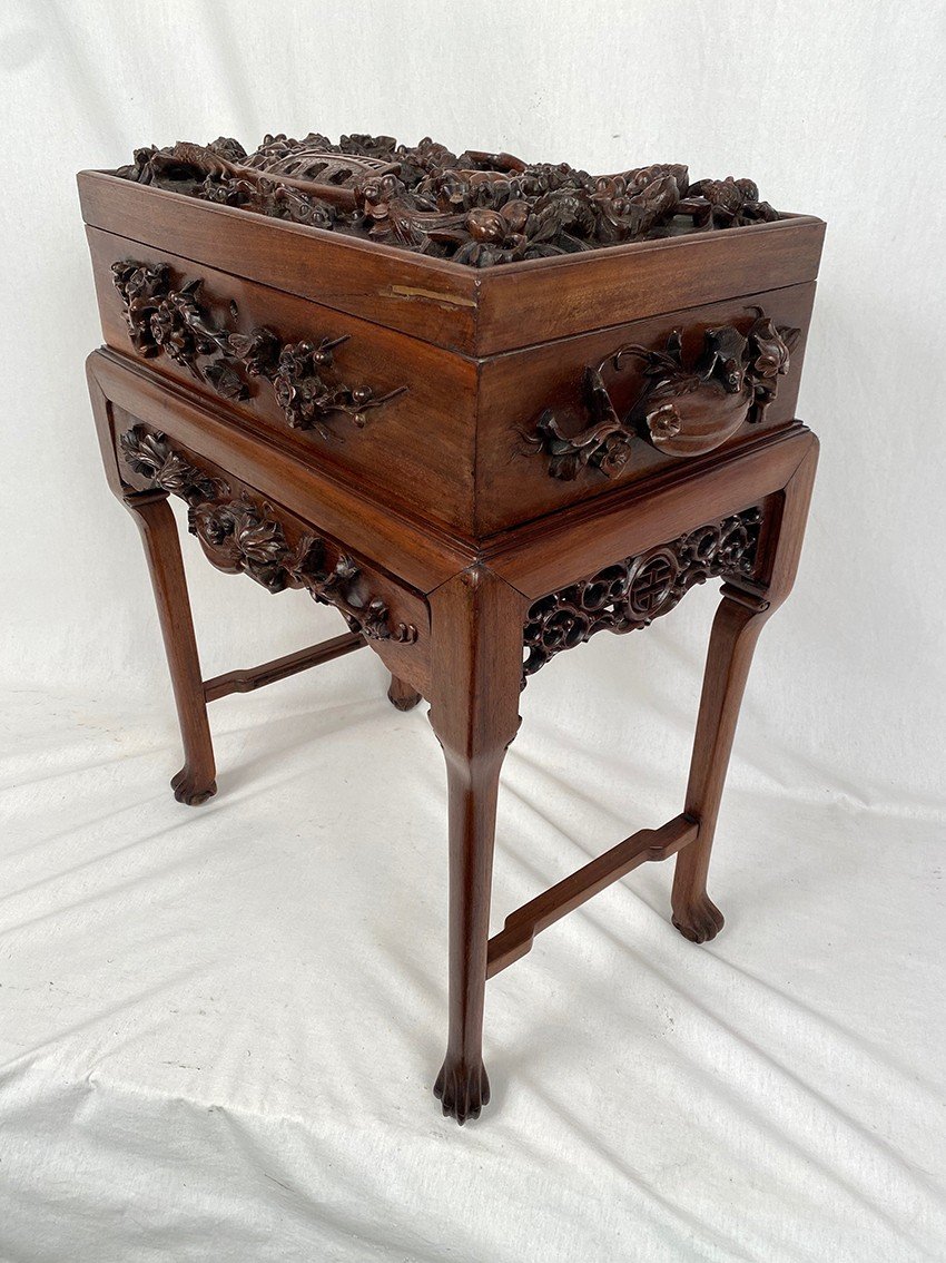 China Or Vietnam Circa 1900, Chest Richly Carved In High Relief On Its Base-photo-4