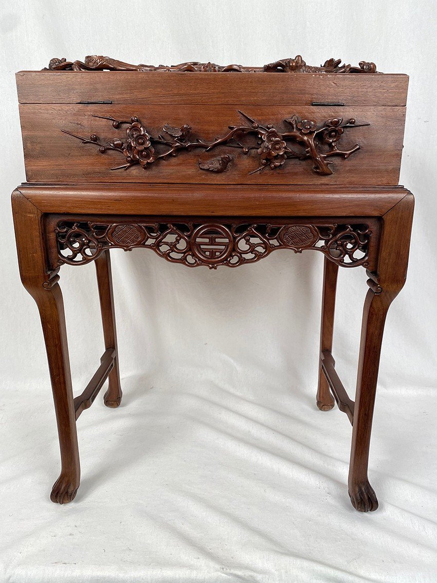 China Or Vietnam Circa 1900, Chest Richly Carved In High Relief On Its Base-photo-5