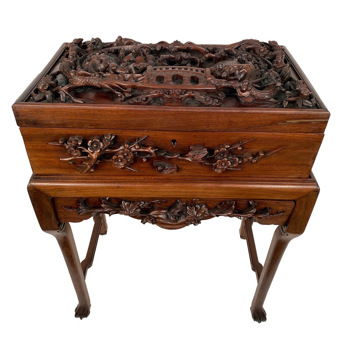 China Or Vietnam Circa 1900, Chest Richly Carved In High Relief On Its Base