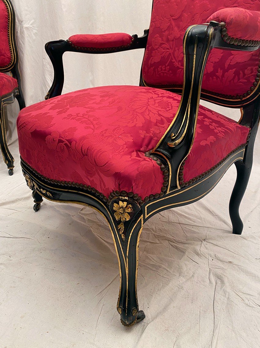 Napoleon III Living Room Part In Black Lacquered Wood And Gold Trim-photo-6