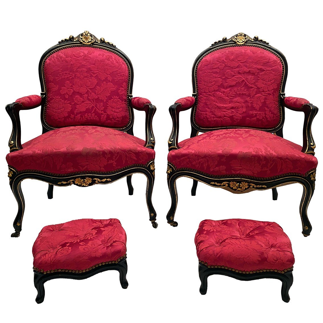 Pair Of Napoleon III Armchairs And Their Footrest, Black Lacquered Wood And Gold Trim-photo-2