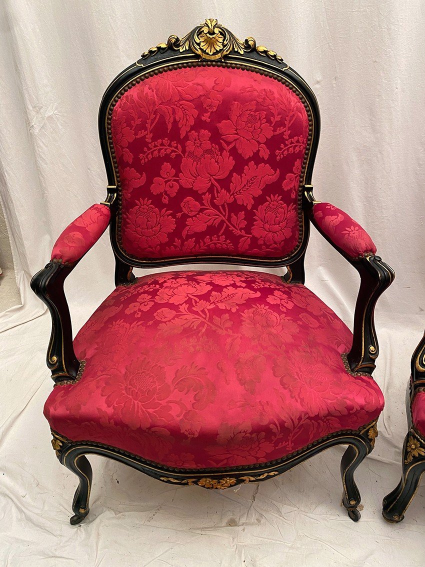 Pair Of Napoleon III Armchairs And Their Footrest, Black Lacquered Wood And Gold Trim-photo-3