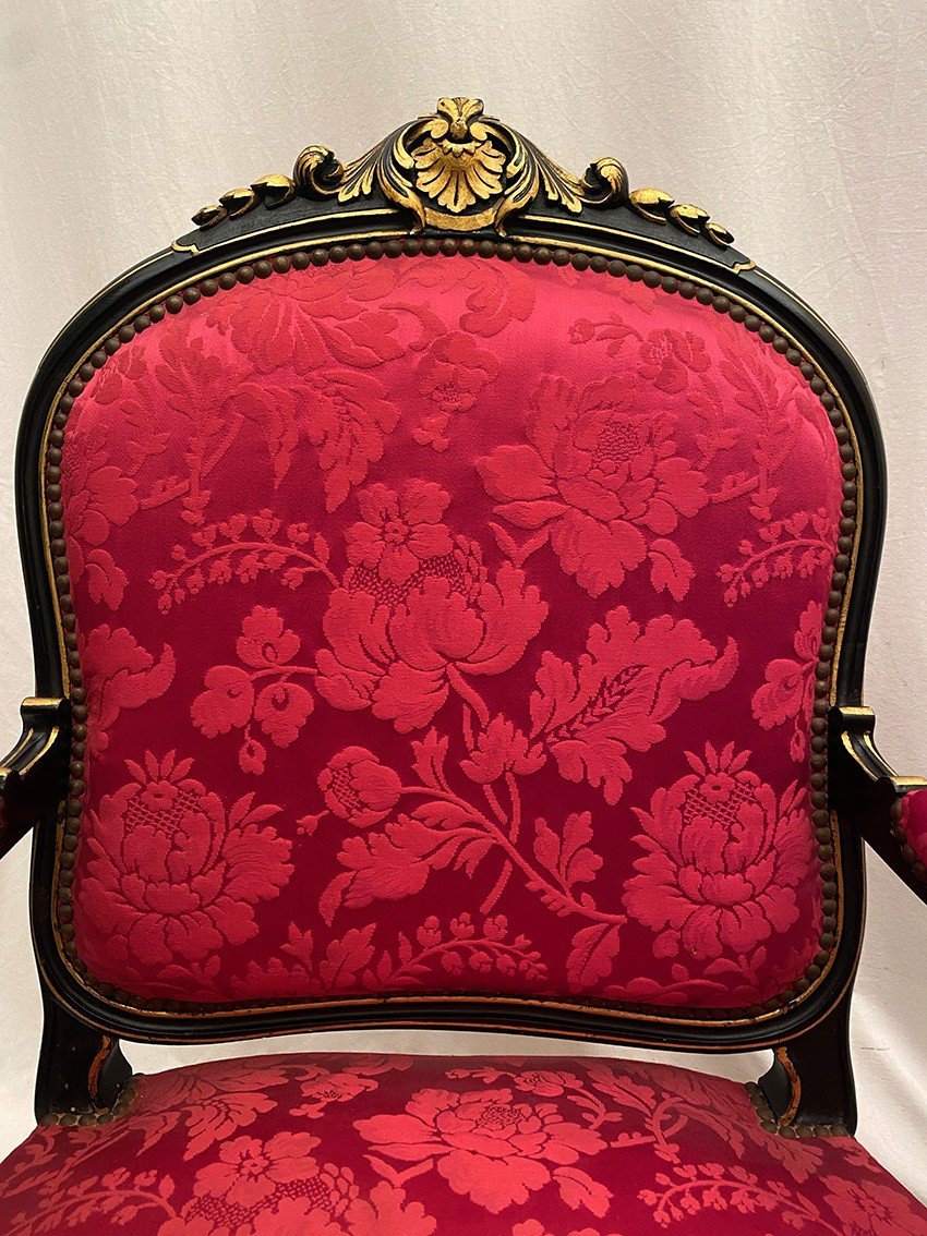 Pair Of Napoleon III Armchairs And Their Footrest, Black Lacquered Wood And Gold Trim-photo-1