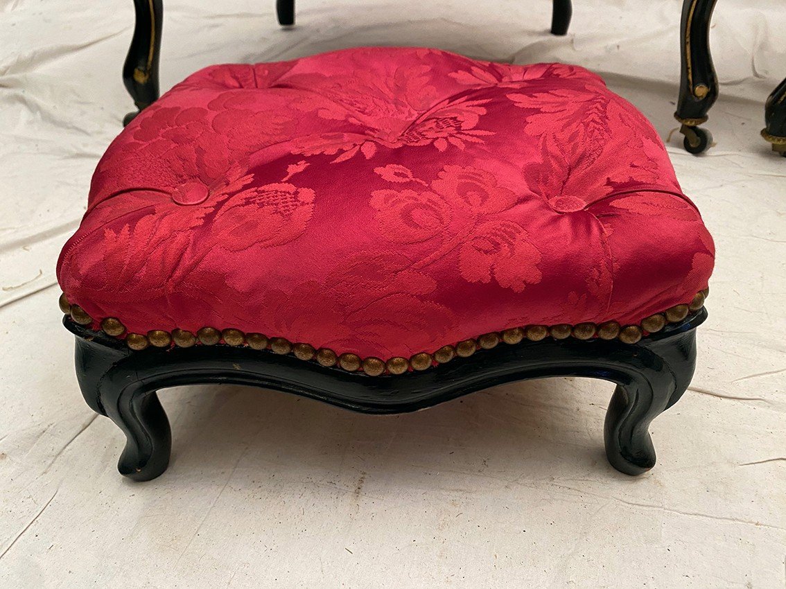 Pair Of Napoleon III Armchairs And Their Footrest, Black Lacquered Wood And Gold Trim-photo-3