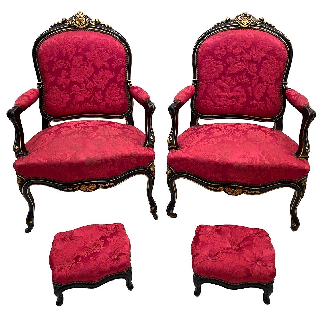 Pair Of Napoleon III Armchairs And Their Footrest, Black Lacquered Wood And Gold Trim