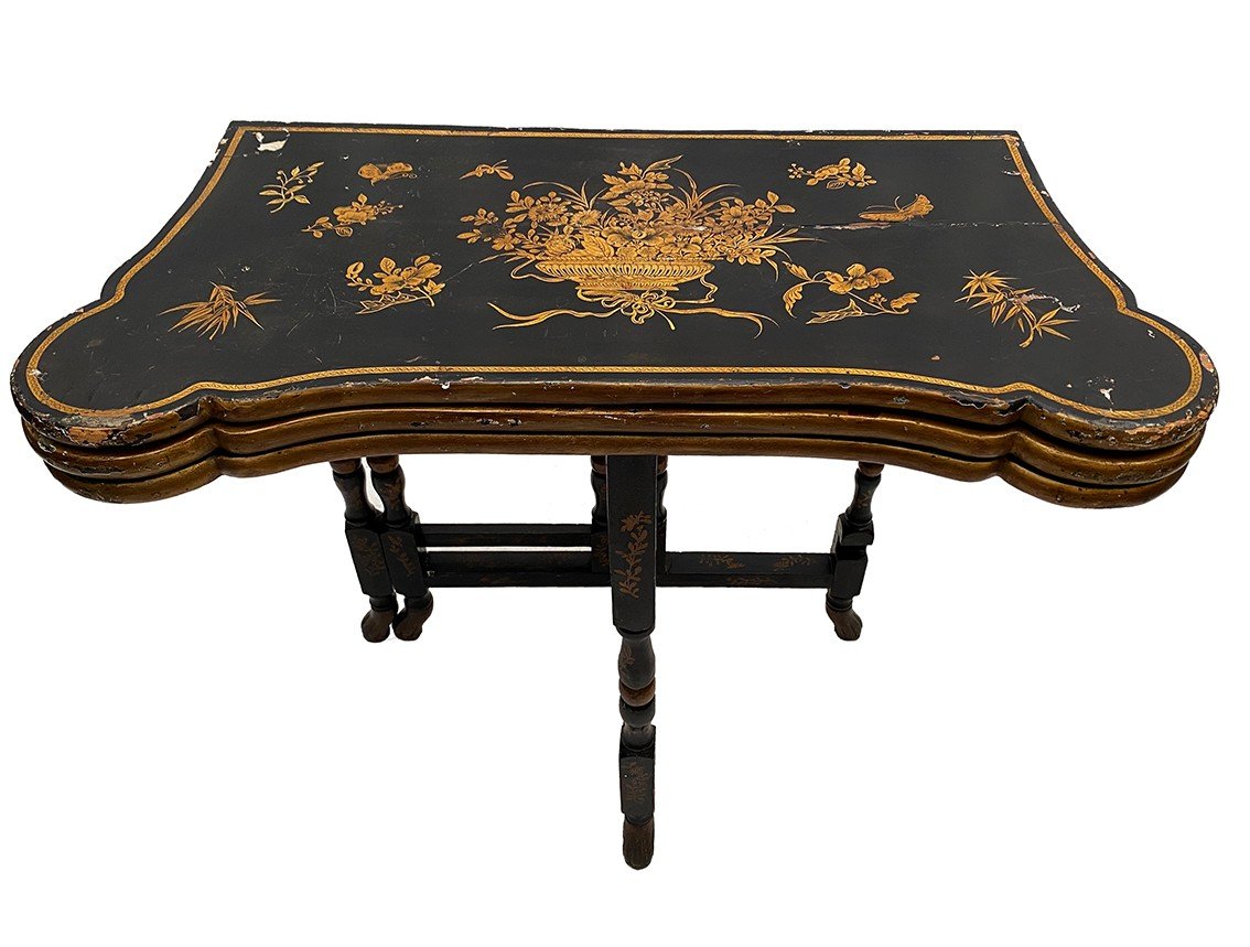 Etonnante Table à Jeux à Système, Laque De Chine Noire Et Or, Fin XIXe-photo-4