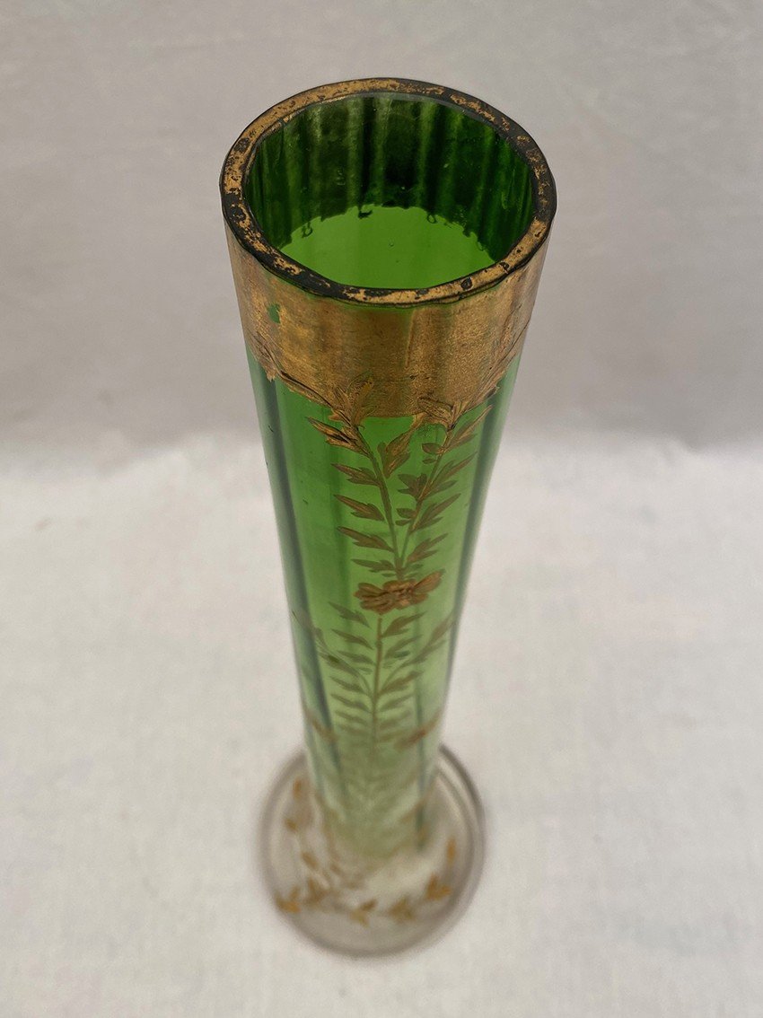 Green And Transparent Gradient Glass Soliflore Vase, With Enameled Flower Decoration. Circa 1900-photo-2