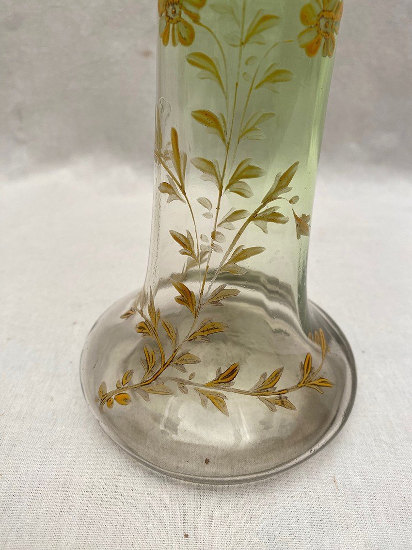 Green And Transparent Gradient Glass Soliflore Vase, With Enameled Flower Decoration. Circa 1900-photo-3