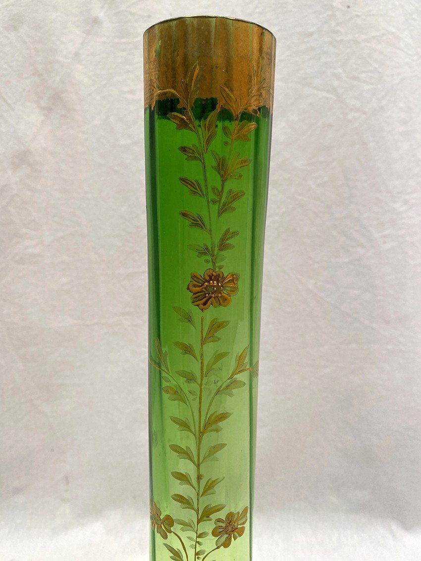 Green And Transparent Gradient Glass Soliflore Vase, With Enameled Flower Decoration. Circa 1900-photo-4