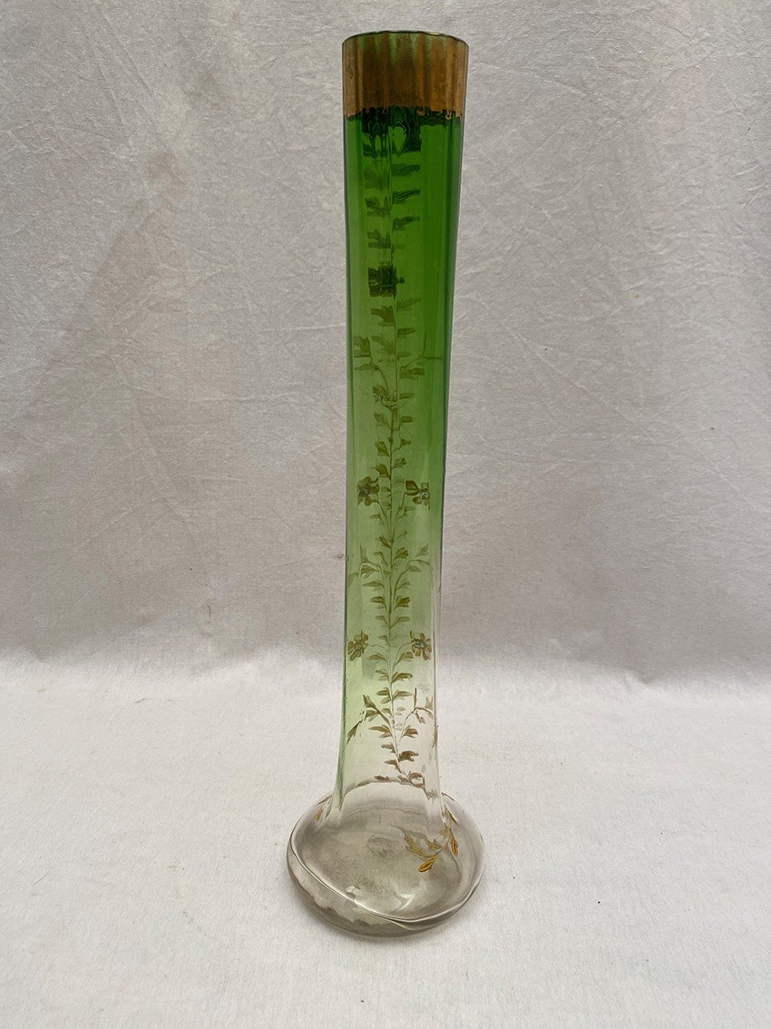 Green And Transparent Gradient Glass Soliflore Vase, With Enameled Flower Decoration. Circa 1900-photo-1