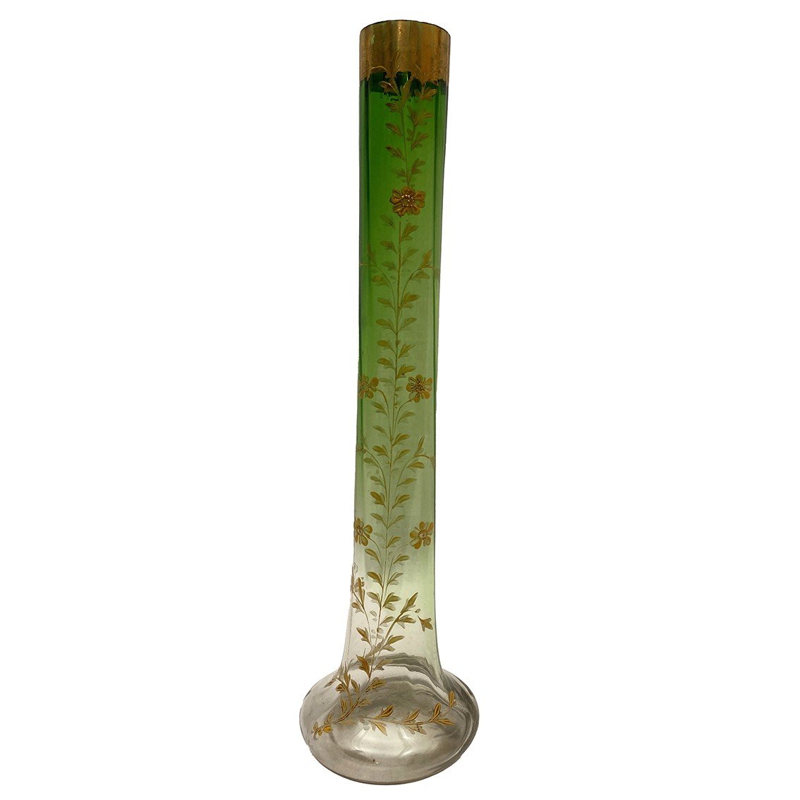 Green And Transparent Gradient Glass Soliflore Vase, With Enameled Flower Decoration. Circa 1900