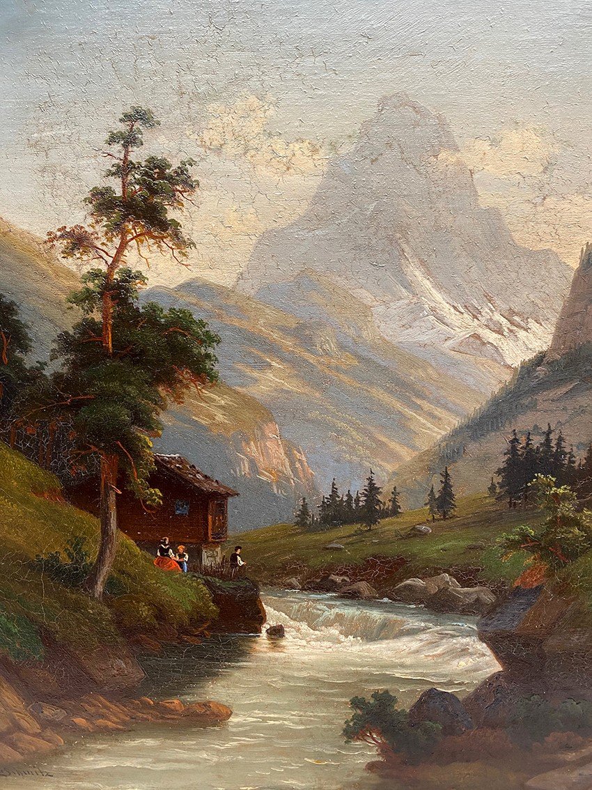 Carl Ludwig Schmitz, Paire D’huiles Sur Toile. Paysages De Montagne, XIXe-photo-4