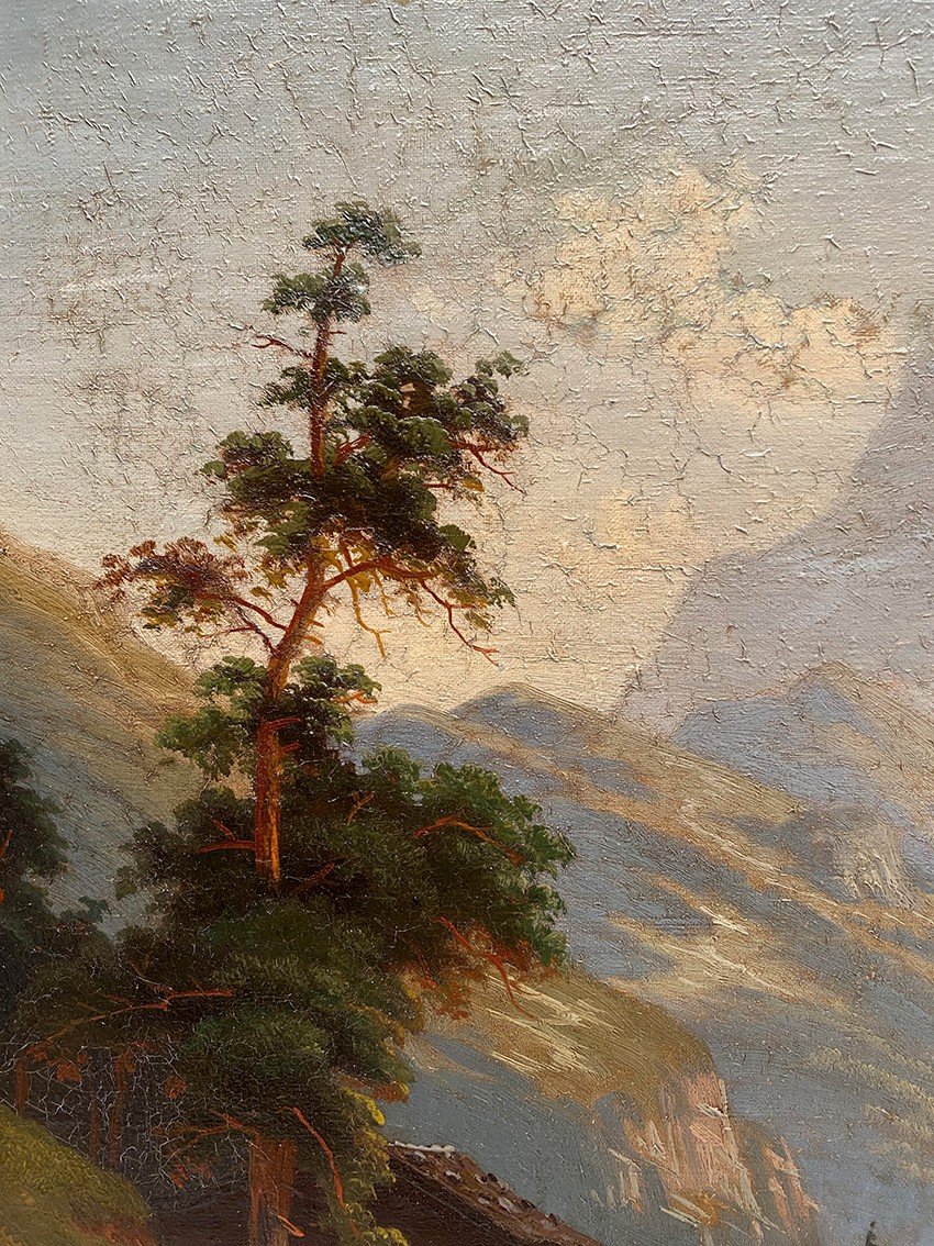 Carl Ludwig Schmitz, Paire D’huiles Sur Toile. Paysages De Montagne, XIXe-photo-1