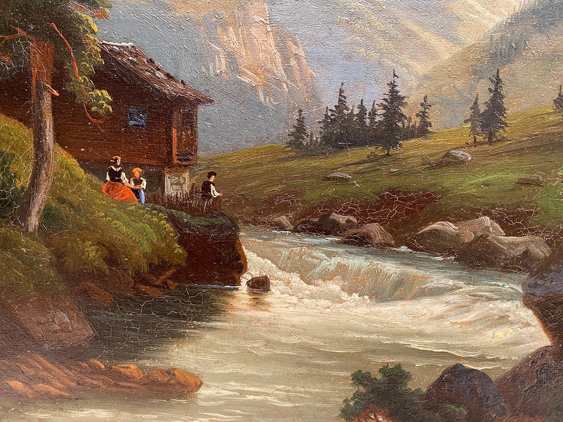 Carl Ludwig Schmitz, Paire D’huiles Sur Toile. Paysages De Montagne, XIXe-photo-2