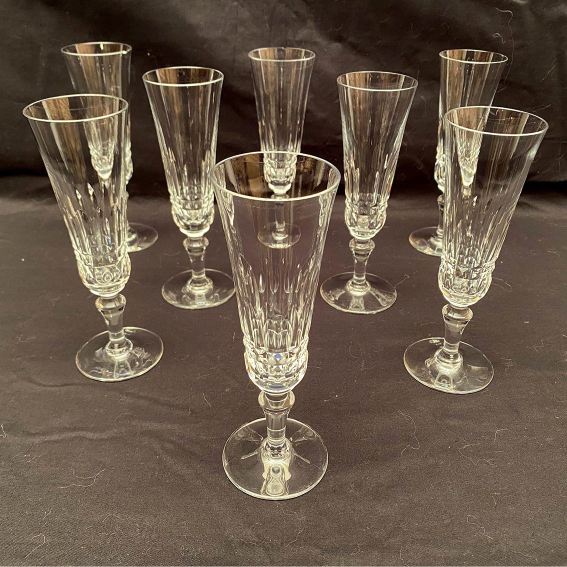 Baccarat, Picadilly Model. Set Of Eight Crystal Champagne Flutes