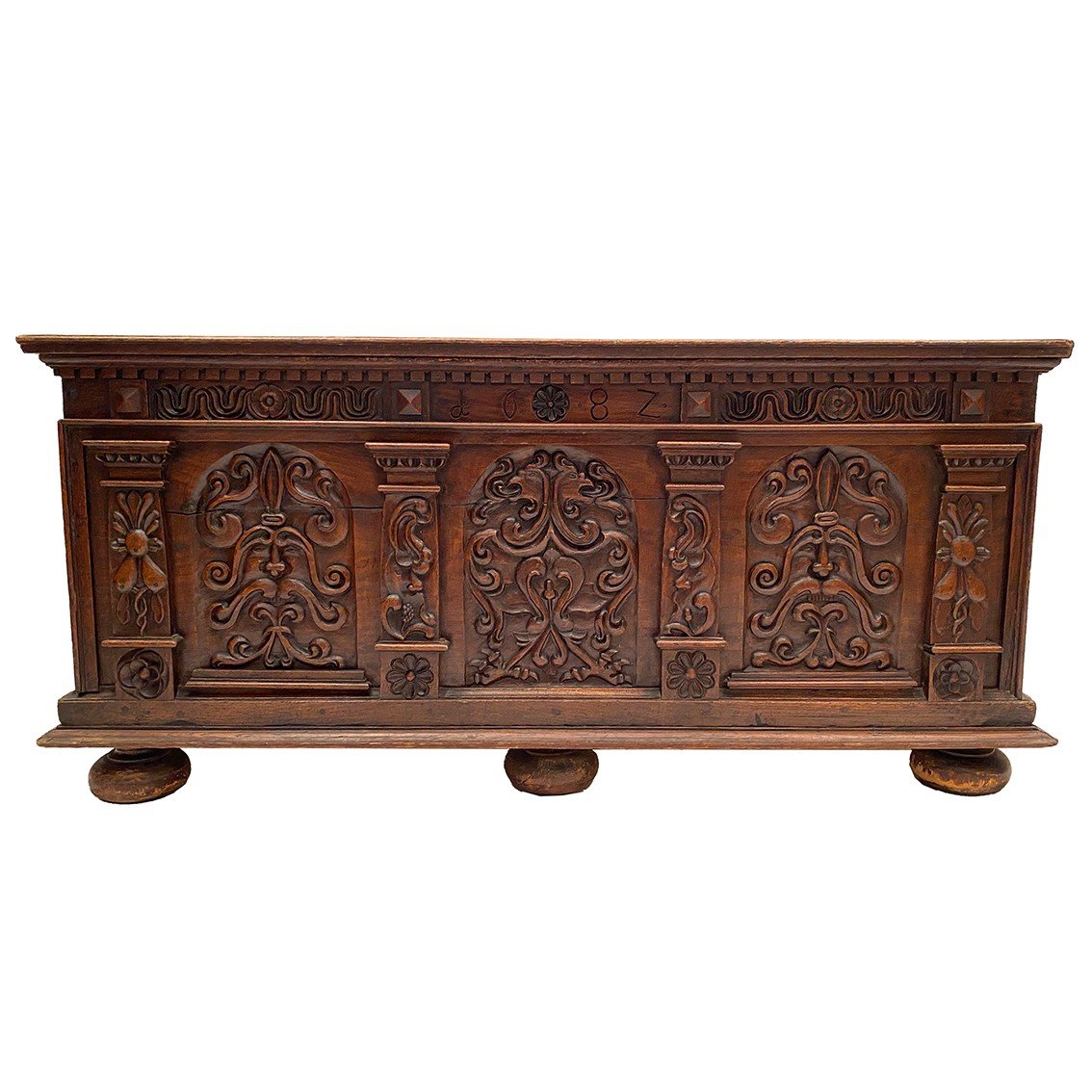 Wooden Chest With Richly Carved Front, Old Parts And Reassembly