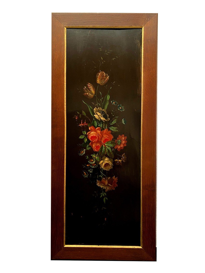 Two Antique Lacquered Wood Panels With Flower Decor-photo-2