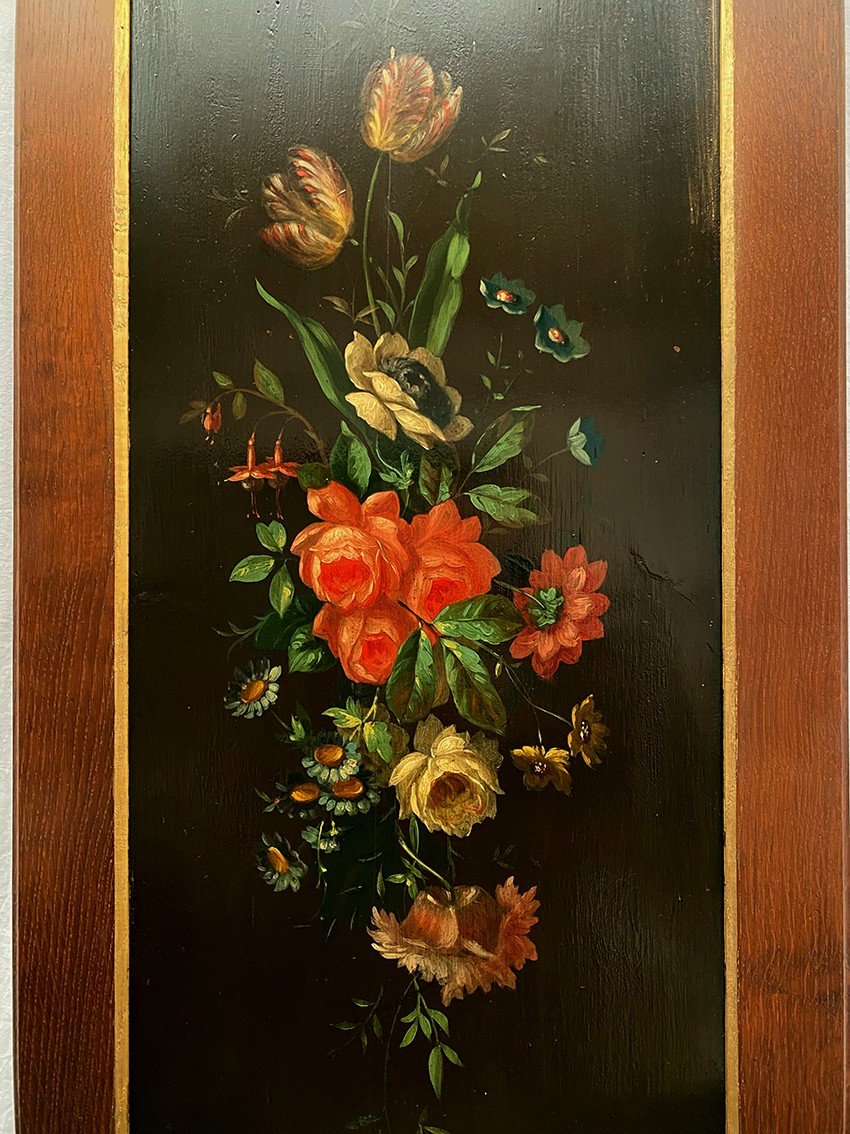 Two Antique Lacquered Wood Panels With Flower Decor-photo-3