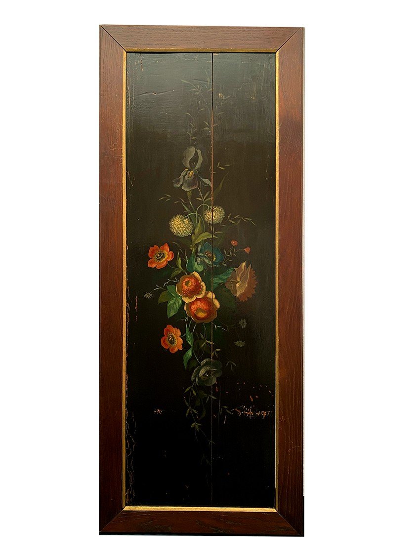 Two Antique Lacquered Wood Panels With Flower Decor-photo-3