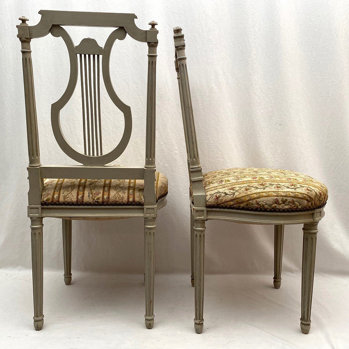 Pair Of Louis XVI Style Lyre Back Chairs, Grey Lacquered Wood-photo-2